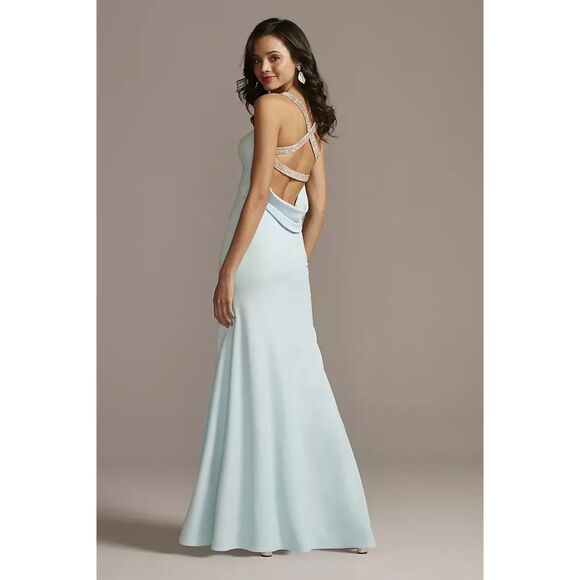 Betsy & Adam Crystal Crossed Strap Cowl Back Gown Sz 12 - Picture 1 of 14